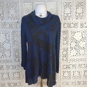 Ali Miles Black & Blue Cowl Neck Long Sleeve Blouse Medium Floral Grunge